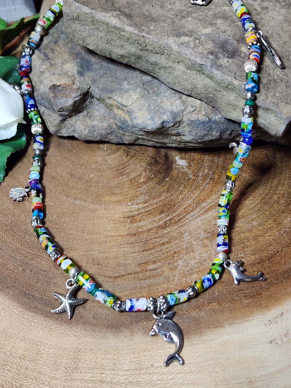 Handmade Multicolor Millefiori Bead Necklace with Dolphin & Starfish Charms